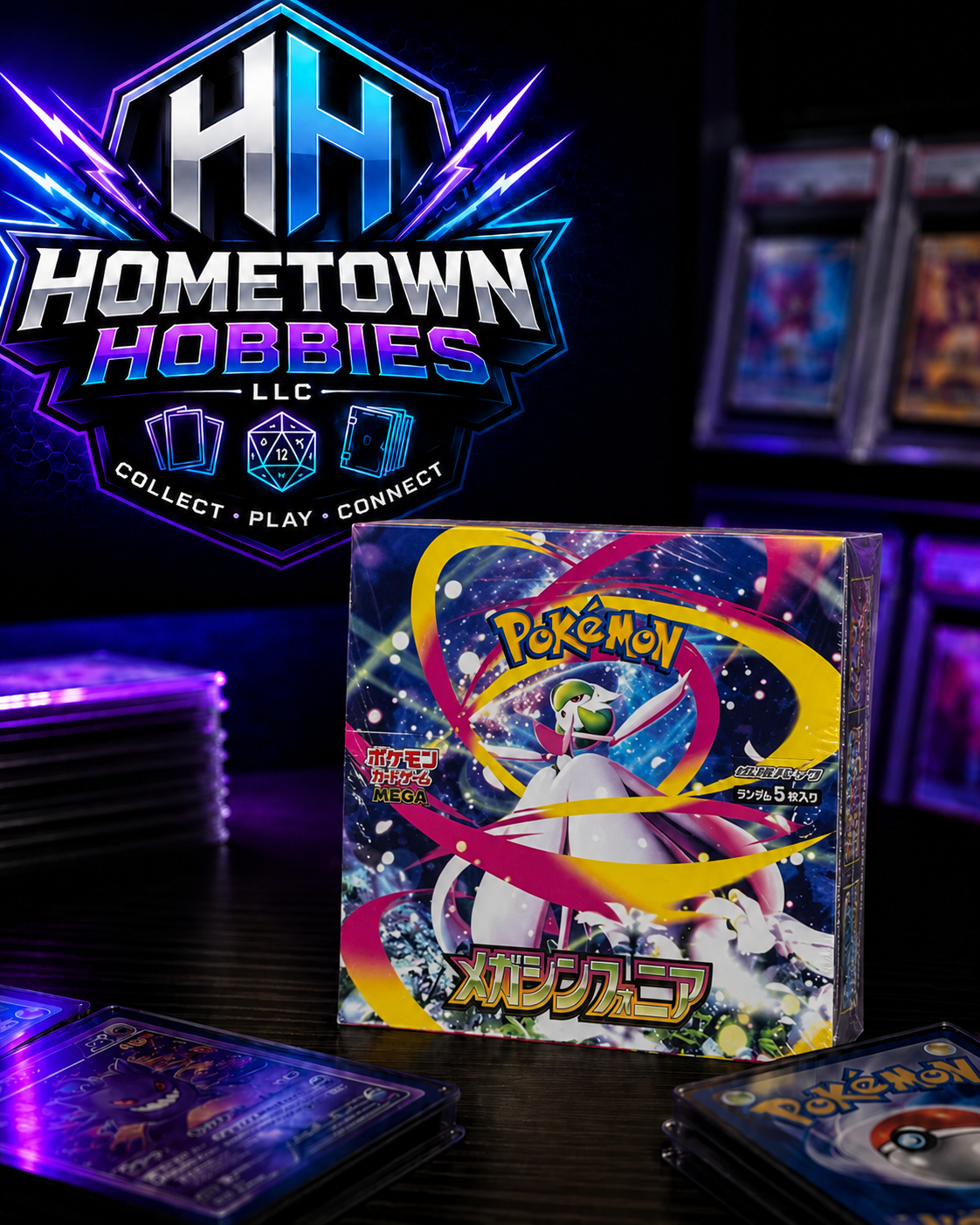 A booster box of Japanese Pokemon Mega Symphonia sitting on a dark table with the hometown hobbies logo behind it.