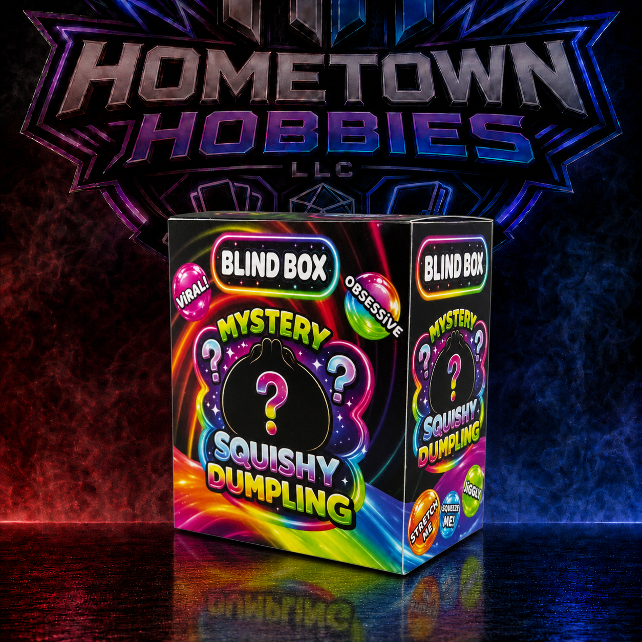 A boxed product labeled 'Blind Box' and 'Mystery Squishy Dumpling' stands on a reflective dark surface. The box has bright rainbow graphics with a black dumpling silhouette and question marks.