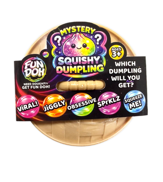 A packaged toy product labeled 'Mystery Squishy Dumpling' on a plain white background. The package includes a round beige plastic base, a black card with colorful text and graphics, and a small beige squishy dumpling visible through a cutout.