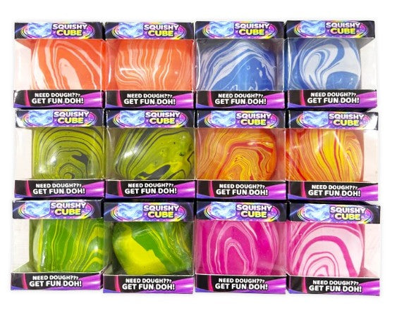 A 12-pack display of Squishy Cube slime in various colorful swirl patterns, arranged in a grid of three rows and four columns inside clear plastic packaging with purple and black labels.