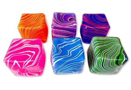 Six square glass cubes with vibrant marbled swirl patterns in orange, purple, pink, blue, green, and black, arranged on a plain white background.
