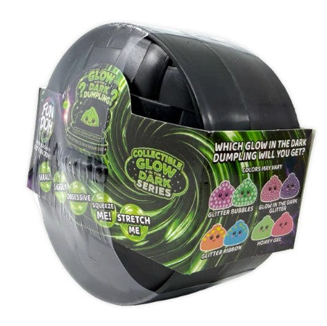 A roll of black glow-in-the-dark dumpling wrap from the Collectible Glow Dark Series, wrapped in clear plastic with a colorful green and black label showing product options.