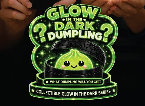 A glow-in-the-dark collectible dumpling figure displayed on a black background, with a person's hands holding the top of the display. The graphic reads 'GLOW IN THE DARK DUMBLING?' and 'COLLECTIBLE GLOW IN THE DARK SERIES'.