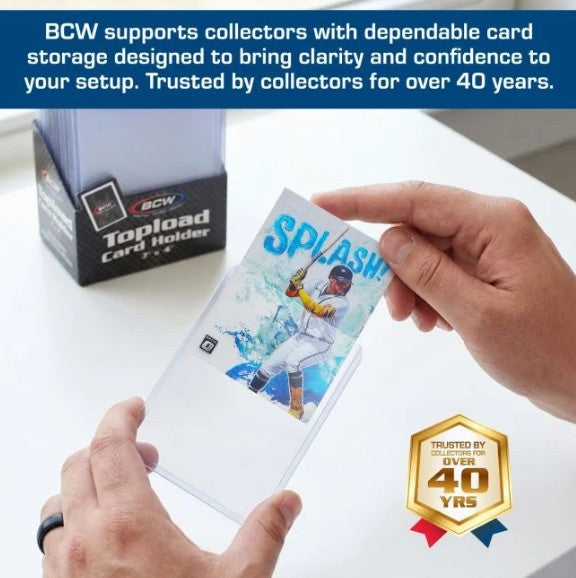 BCW products have been trusted by collectors for over 40 years. Baseball card being inserted into a toploader.