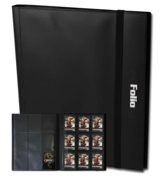 A picture of a black binder for protecting trading cards and keeping them organized.