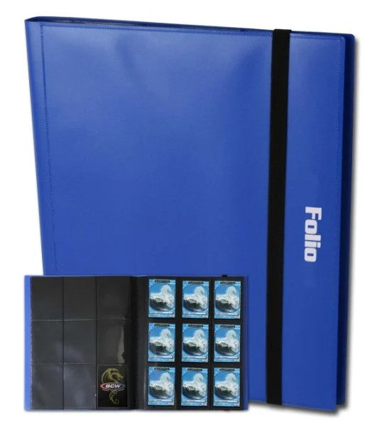Picture of a blue binder used to store, organize and protect trading cards. 