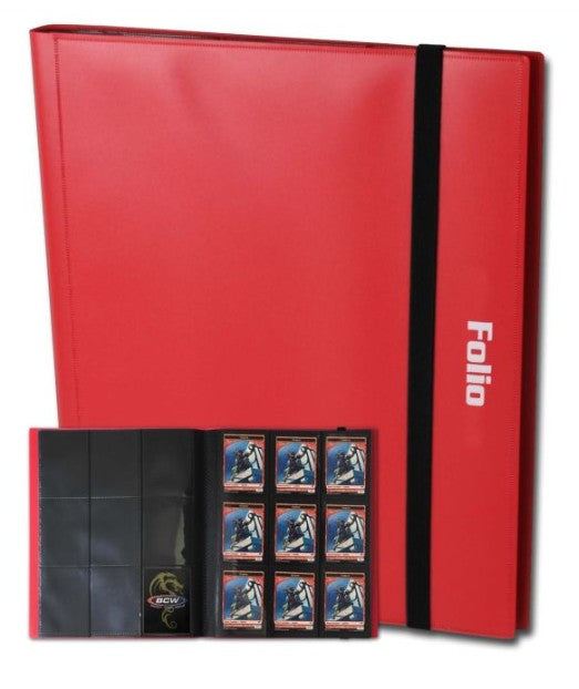Picture of a red binder for storing, organizing and protecting trading cards.