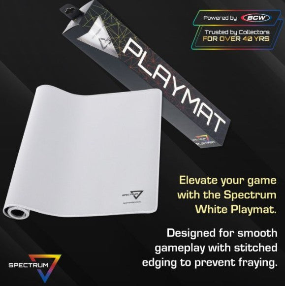 Spectrum White Playmat shown partially unrolled next to its retail packaging on a dark background, with promotional text highlighting smooth gameplay and stitched edging.