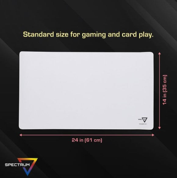 A white rectangular gaming mat shown on a dark background with measurement annotations indicating 24 in by 14 in (61 cm by 35 cm), plus the text 'Standard size for gaming and card play.' The Spectrum brand logo appears in the lower left.