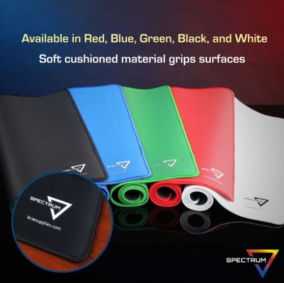 Spectrum brand mouse pads shown in multiple colors: black, blue, green, red, and white. The image features a close-up circular inset of the black mouse pad showing the brand logo and website 'bce supplies.