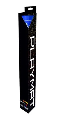 A tall, narrow black retail box for a PLAYMAT playmat, featuring large white vertical text and a blue triangular logo near the top, shown on a plain white background.