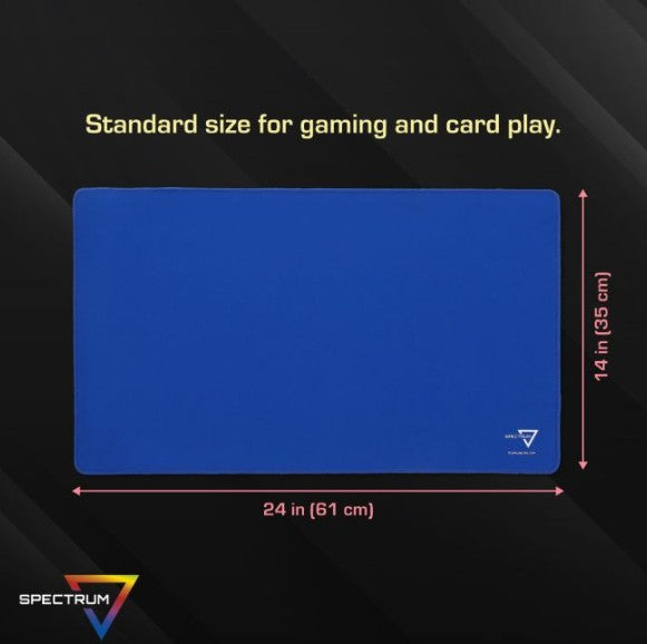 Blue rectangular gaming mat shown on a dark background with measurement labels indicating 24 in by 14 in (61 cm by 35 cm), plus the text 'Standard size for gaming and card play.' and a Spectrum logo.