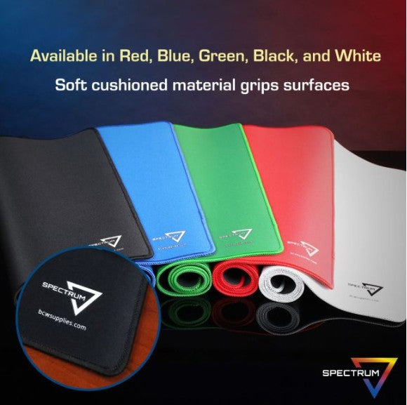 A set of padded computer mouse pads in multiple colors including black, blue, green, red, and white, displayed on a reflective black surface with promotional text and the Spectrum brand logo.