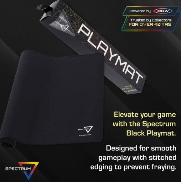 Spectrum Black Playmat and its packaging box displayed on a dark background with promotional text. The playmat is black with a small white logo, and the box features the word 'PLAYMAT' in large white letters.