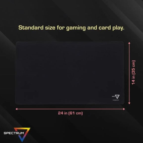 Black rectangular gaming mouse pad shown on a dark background with dimension labels indicating 24 in by 14 in (61 cm by 35 cm), plus the Spectrum logo and the text 'Standard size for gaming and card play.'.
