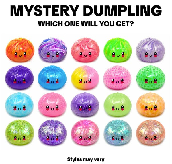 A promotional graphic for a 'Mystery Dumpling' product showing a grid of 20 cute, round, smiling dumpling-shaped squishies in various colors and textures. The text at the top reads 'MYSTERY DUMBLING WHICH ONE WILL YOU GET?' and the bottom reads 'Styles may vary'.