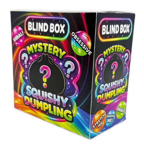 A boxed product labeled 'Blind Box' with 'Mystery Squishy Dumpling' on the front and side panels, shown on a plain white background. The packaging is brightly colored with neon rainbow graphics, a black dumpling silhouette with a question mark, and text such as 'Wibri!', 'Obsessive', 'Stretchy', and 'Poppable'.