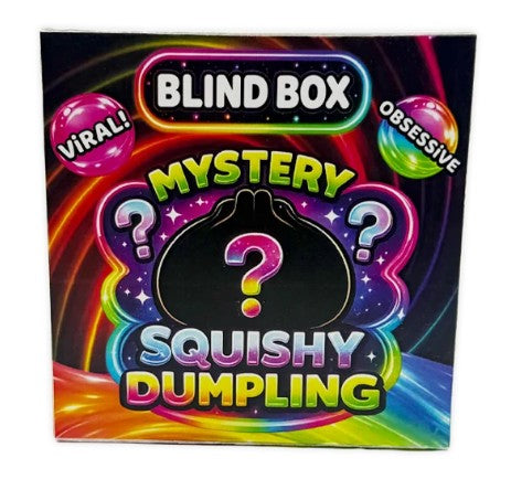 A square retail box for a 'Blind Box Mystery Squishy Dumpling' product, featuring a vibrant, neon rainbow design with a black silhouette of a dumpling and question marks.