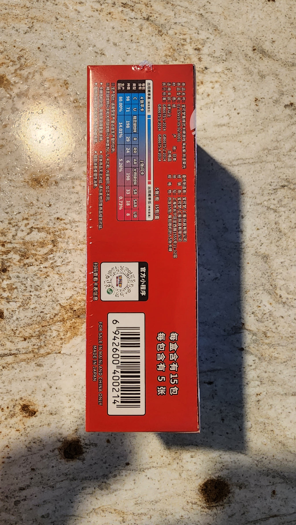 A red rectangular product box photographed from above on a mottled beige stone-like surface. The box has printed text, a barcode, and a small multicolor ingredient or nutrition-style panel near the top.
