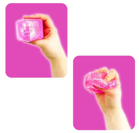 Two inset photos showing a hand holding and squeezing a bright pink glittery slime cube against a solid pink background.