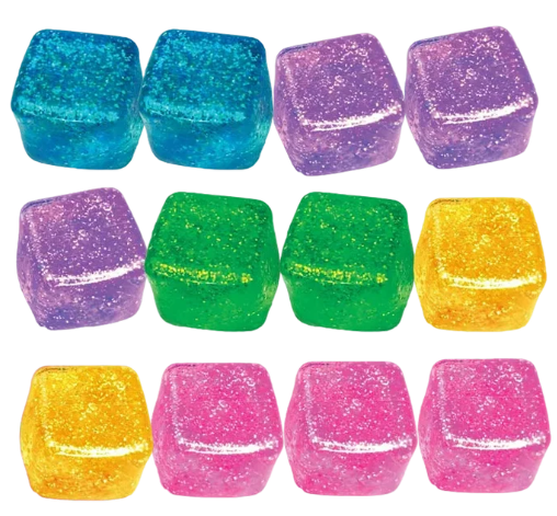Twelve square glittery ice cube squishies in assorted colors, arranged in a 3-by-4 grid on a plain white background. The colors include blue, purple, green, yellow, and pink.