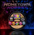 A Hometown Hobbies LLC collectible squishy dumpling toy in a round black container, featuring a cartoon character and flavor labels including Viral, Jiggly, Obsessive, Spklz, and Sourcer Me. 
