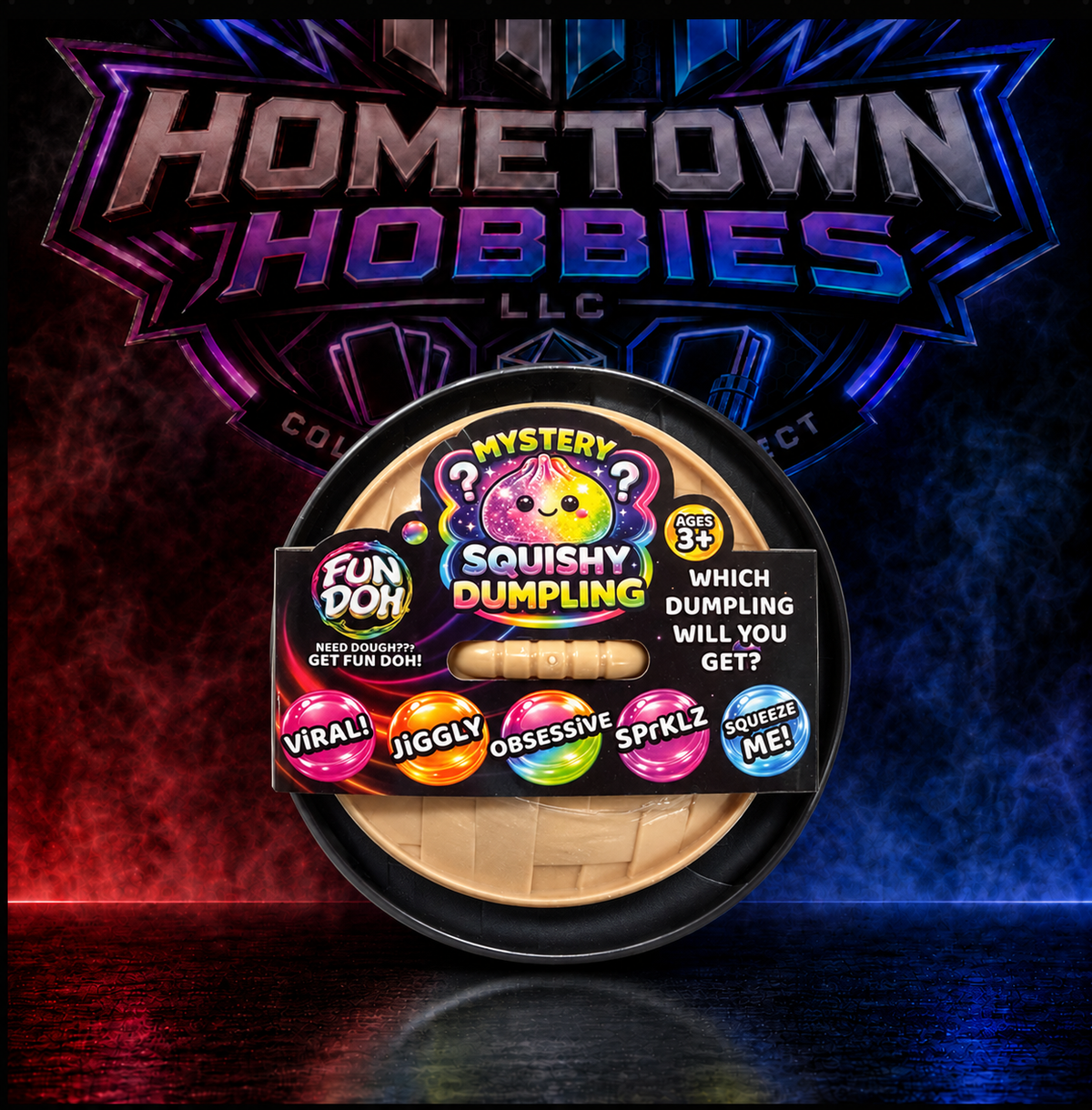 A Hometown Hobbies LLC collectible squishy dumpling toy in a round black container, featuring a cartoon character and flavor labels including Viral, Jiggly, Obsessive, Spklz, and Sourcer Me. 