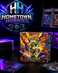 A boxed Pokémon TCG booster pack displayed on a dark table, with several cards and a large Hometown Hobbies LLC logo in the background under purple lighting.