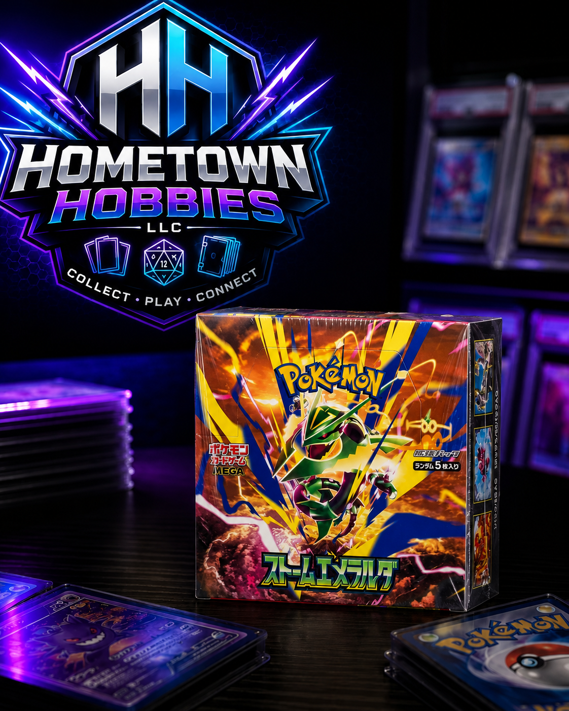 A boxed Pokémon TCG booster pack displayed on a dark table, with several cards and a large Hometown Hobbies LLC logo in the background under purple lighting.