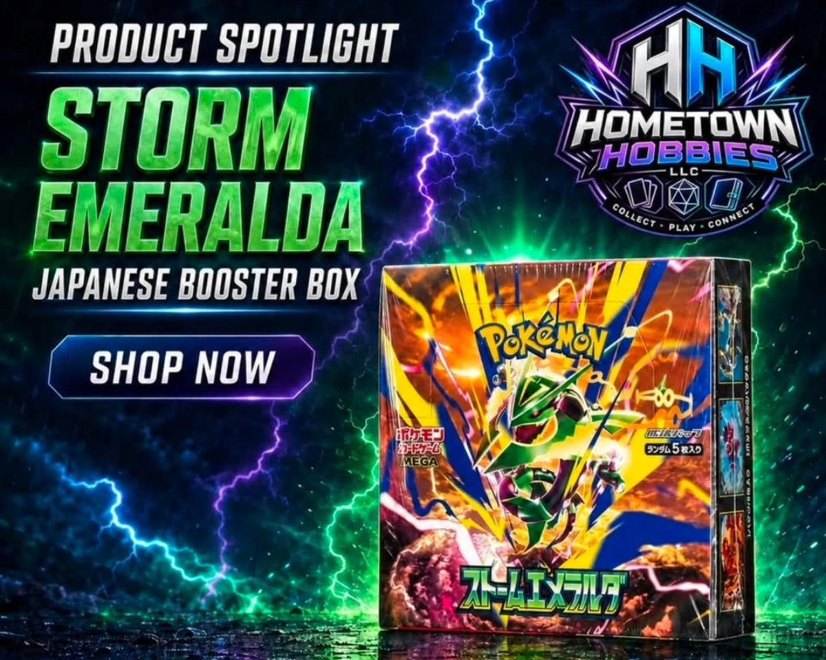 Promotional graphic for the Hometown Hobbies LLC Storm Emerald Japanese booster box, featuring a vibrant Pokémon trading card box with green, yellow, and orange artwork, set against a dark background with purple and green lightning bolts and promotional text.