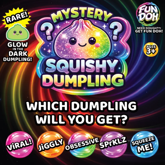 Promotional graphic for a 'Mystery Squishy Dumpling' by Fun Doh. The design features a central, colorful, sparkly dumpling with question marks, surrounded by glowing neon swirls of purple, blue, orange, and pink.