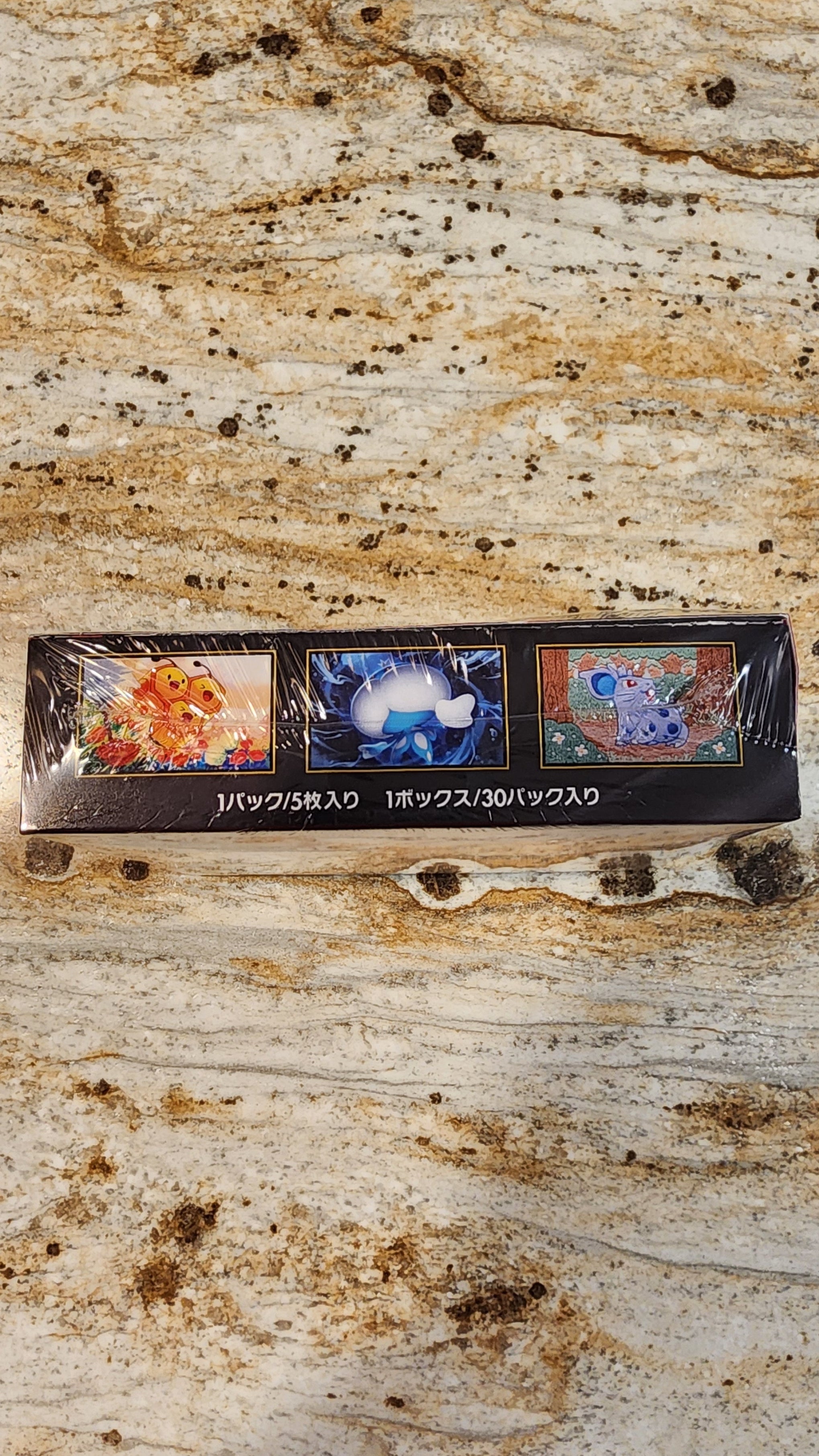 A sealed Japanese card deck box for Pokémon, featuring three colorful character illustrations on the front, resting on a textured beige and brown stone surface.